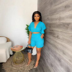 SC Casual Solid Color V Neck Two Piece Shorts Set GMYU-5019