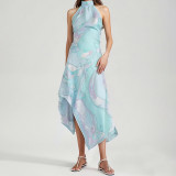 SC Print Sleeveless Satin Irregular Maxi Dress SHD-9529