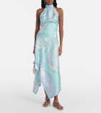 SC Print Sleeveless Satin Irregular Maxi Dress SHD-9529