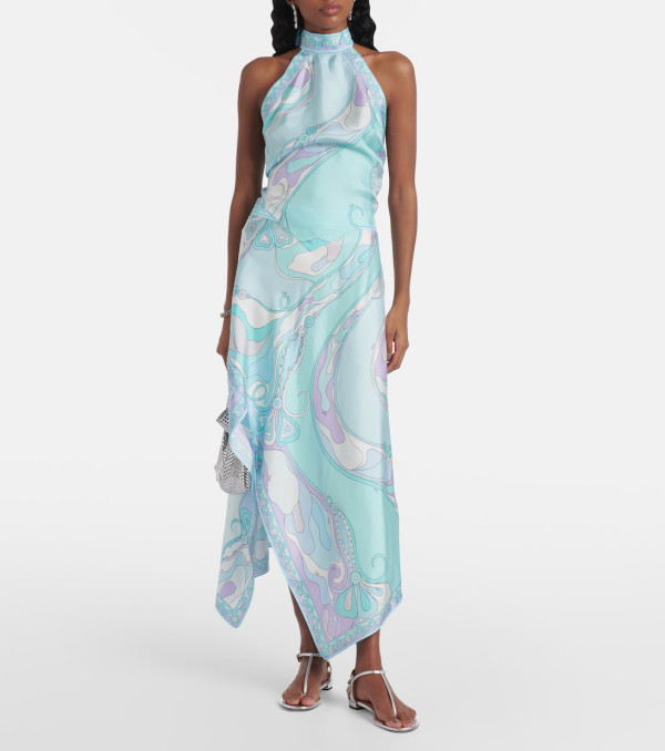 SC Print Sleeveless Satin Irregular Maxi Dress SHD-9529