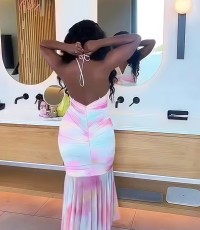 SC Sexy Backless Pleated Irregular Print Midi Dress GXIN-8851