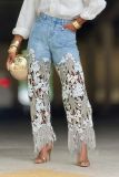 SC Plus Size Lace Patchwork Washed Jeans GYLN-7795