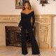 SC Off Shoulder V Neck Split Jumpsuit SHD-9731