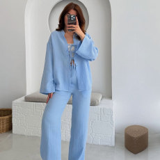 SC Solid Color Tie Up Long Sleeve Pants Suit SSNF-211496