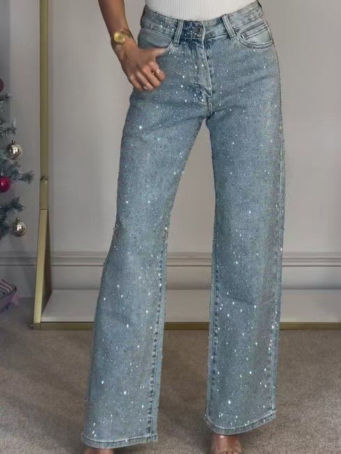 SC Plus Size Rhinestone Washed Straight Jeans OD-8751