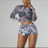 SC Long Sleeve Mesh Print Two Piece Shorts Set SHD-9764