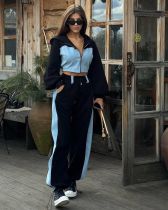 SC Contrast Color Long Sleeve Hooded Pants Suit SHD-9727