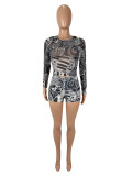 SC Long Sleeve Mesh Print Two Piece Shorts Set SHD-9764