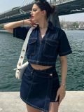 SC V Neck Short Sleeve Denim Two Piece Skirts Set XCFF-12718