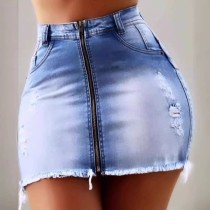 SC Plus Size Gradient Color Holes Zipper Denim Skirt XCFF-200403