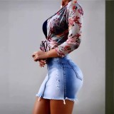 SC Plus Size Gradient Color Holes Zipper Denim Skirt XCFF-200403