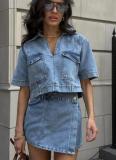 SC V Neck Short Sleeve Denim Two Piece Skirts Set XCFF-12718