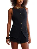SC Sleeveless Button Vest Shorts Two Piece Set SHD-9799