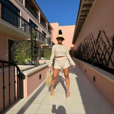 SC Long Sleeve Hollow Out Two Piece Shorts Set MDF-5523