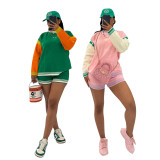SC Color Block Long Sleeve Knits Two Piece Shorts Set TR-1337