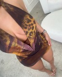 SC Leopard Print V Neck Mesh Two Piece Skirts Set SHD-9537