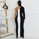 SC Contrast Color Single Shoulder Long Sleeve Maxi Dress GBTF-11249DHR
