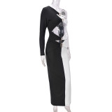 SC Contrast Color Single Shoulder Long Sleeve Maxi Dress GBTF-11249DHR