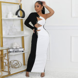 SC Contrast Color Single Shoulder Long Sleeve Maxi Dress GBTF-11249DHR