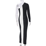 SC Contrast Color Single Shoulder Long Sleeve Maxi Dress GBTF-11249DHR