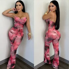 SC Mesh Print Backless Sexy Jumpsuit GBTF-32093JBY