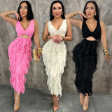 SC Solid Color Hollow Out Ruffles Midi Dress CYA-901909