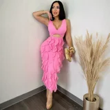 SC Solid Color Hollow Out Ruffles Midi Dress CYA-901909