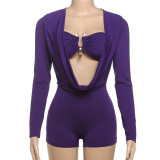 SC Deep V Neck Solid Color Long Sleeve Romper GZJQ-K24Q62136