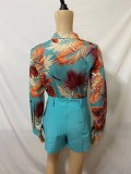 SC Print Long Sleevel Shirt Two Piece Shorts Set GCNE-888