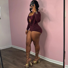 SC Deep V Neck Solid Color Long Sleeve Romper GZJQ-K24Q62136