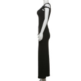 SC Slash Shoulder Solid Color Slim Maxi Dress DLSF-K24D43826