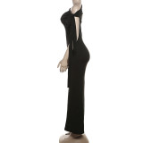 SC Solid Color Slash Shoulder Maxi Dress DLSF-K24D45400