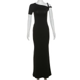 SC Slash Shoulder Solid Color Slim Maxi Dress DLSF-K24D43826