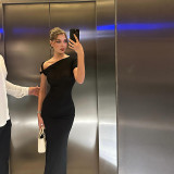 SC Slash Shoulder Solid Color Slim Maxi Dress DLSF-K24D43826