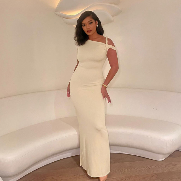 SC Slash Shoulder Solid Color Slim Maxi Dress DLSF-K24D43826