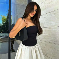 SC Contrast Color Patchwork Pleated Tube Top Dress GYME-K23D41324
