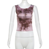 SC Sleeveless Patchwork Backless Print Lace Tops DLSF-K24B51052