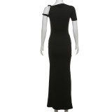 SC Slash Shoulder Solid Color Slim Maxi Dress DLSF-K24D43826