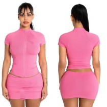 SC Solid Color Shorts Sleeve Zipper Two Piece Skirts Set XMCS-05