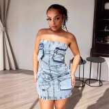 SC Wrap Chest Multi Pockets Denim Mini Dress XMCS-CS2024042