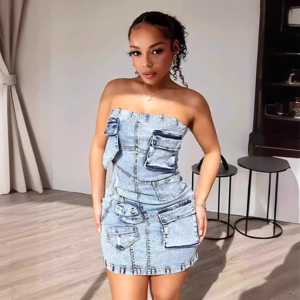 SC Wrap Chest Multi Pockets Denim Mini Dress XMCS-CS2024042