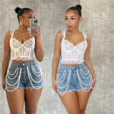 SC Pearl Rhinestone Casual Denim Shorts XMCS-CS2024416025