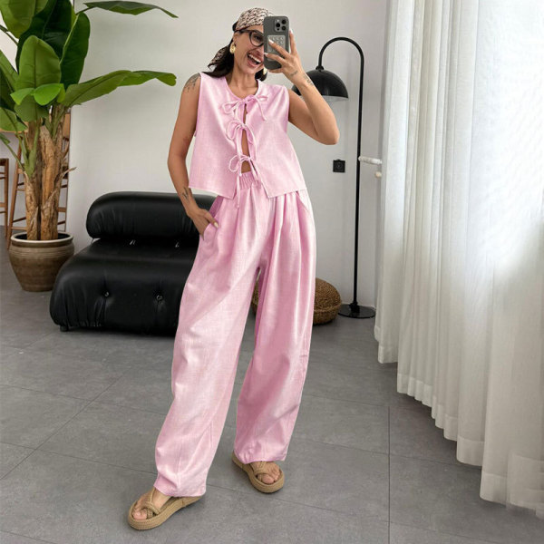 SC Solid Color Sleeveless Loose Two Piece Pants Set SSNF-211499