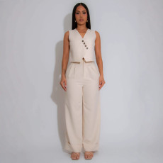 SC V Neck Sleeveless Vest Two Piece Pant Set QHMD-3252