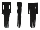 SC One Shoulder Tassel Long Sleeve Maxi Dress QHMD-3065