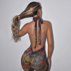 SC Mesh Floral Print Tight Backless Jumpsuit SHD-9540