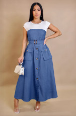 SC Plus Size Denim Patchwork Contrast Color Long Dress NY-3635