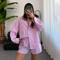 SC Stripe Long Sleeve Shirt Two Piece Shorts Set SSNF-211495