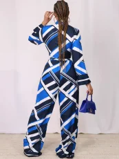 SC Print Long Sleeve Tie Up Shirt Wide Leg Pants Suit QHMD-M3245