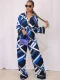 SC Print Long Sleeve Tie Up Shirt Wide Leg Pants Suit QYMF-M3245